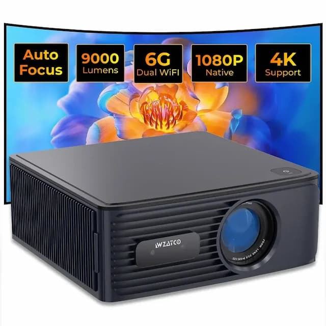 WZATCO Alpha X Projector,  9000 Lumens,  1080P Resolution,  4K HDR And HLG Content,  HDMI ARC,  Wifi-6,  BT,  2GB RAM,  Quad Core CPU,  Black