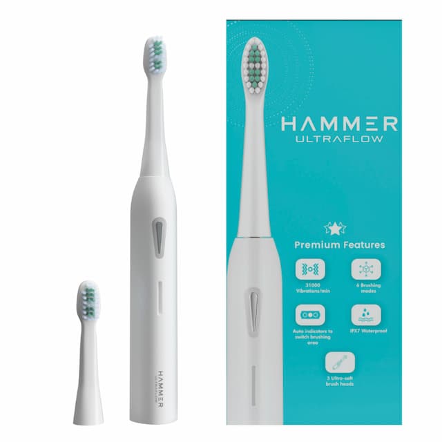Hammer UltraFlow Electric Toothbrush and 3 Replaceable Brush Heads for Men and Women,  6 Brushing Modes,  White