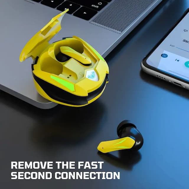 AULA F108 Gaming Truly Wireless in Ear Earbuds with LED Battery Indicator 40ms Low Latency, 30Hrs Playtime, HiFi Stereo, Bluetooth 5.3 and for Best Calling and Designed for Comfort Gaming, Yellow