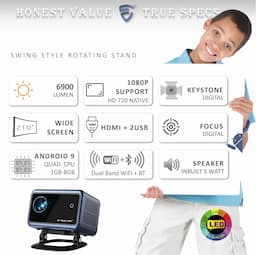 Egate EGi9A New i9 Pro Smart Projector, 6900 LED Lumens 2X Brightness, 1080p & 4K Support, Digital Focus & Digital Keystone, Bluetooth, ARC HDMI, USB, AV, WiFi, 720 Native, PreLoaded Apps, ScreenCast