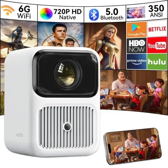 Wanbo Dali 1 Projector, 350 ANSI, Native 720P, Android 9.0, Auto Focus with Advanced WiFi 6 connectivity, White