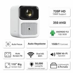 Wanbo Dali 1 Projector, 350 ANSI, Native 720P, Android 9.0, Auto Focus with Advanced WiFi 6 connectivity, White